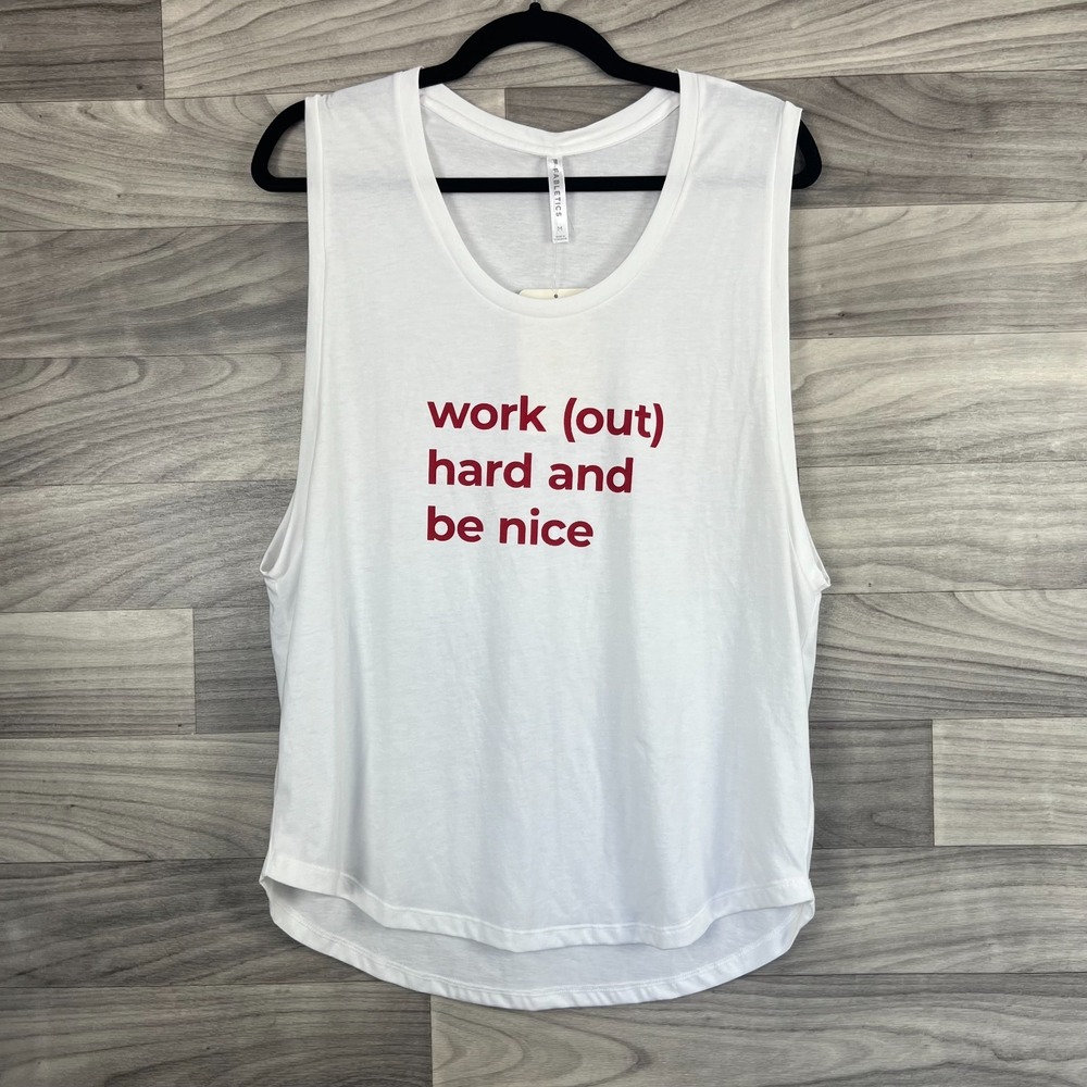Fabletics Muscle Tank Top Women's Medium White Graphic Print Gym Athleisure